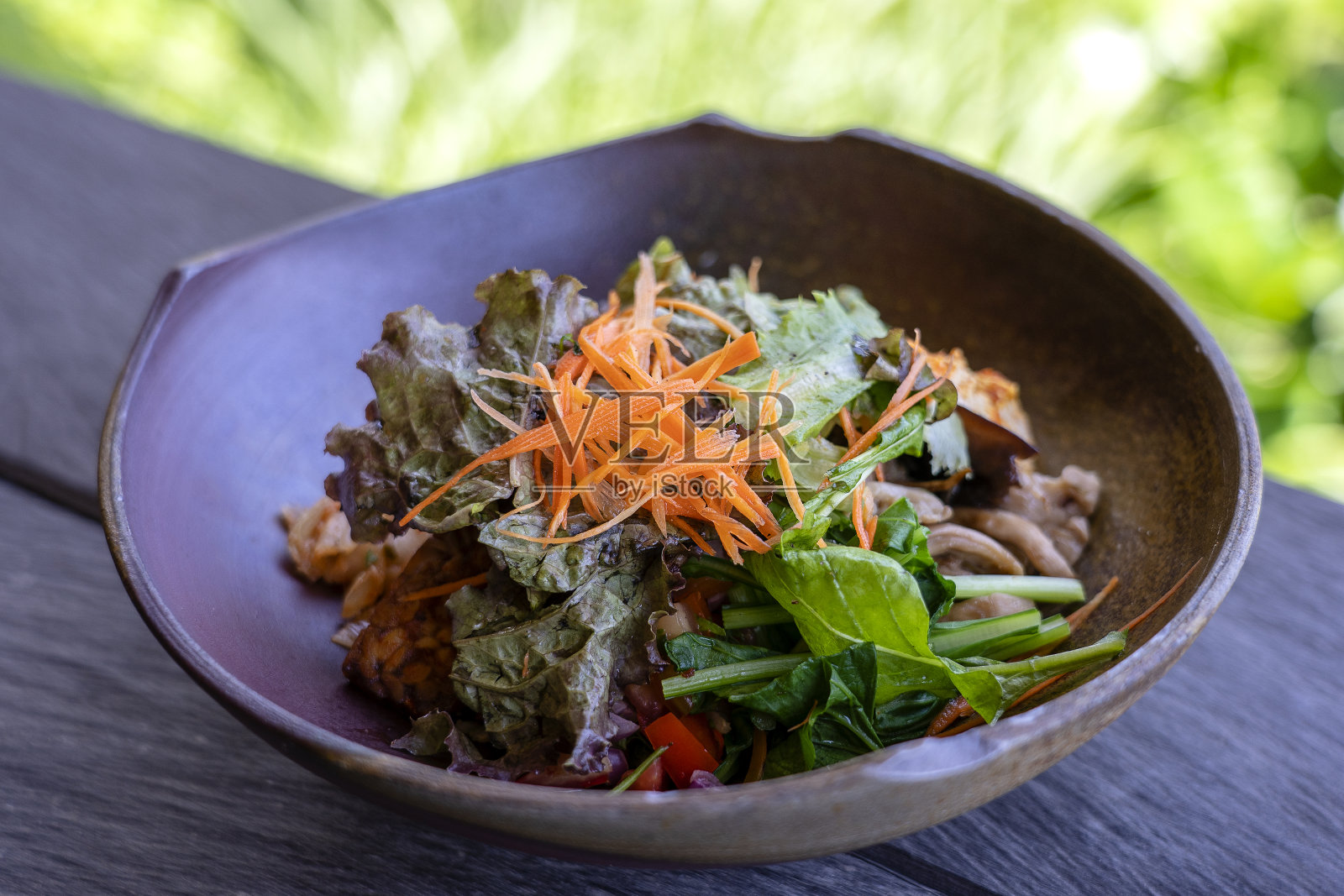 有机沙拉由绿色咖喱米饭、茄子、泡菜、红烧蔬菜、蘑菇、豆豉培根、豆腐制成，盛在粘土碗里。近距离照片摄影图片