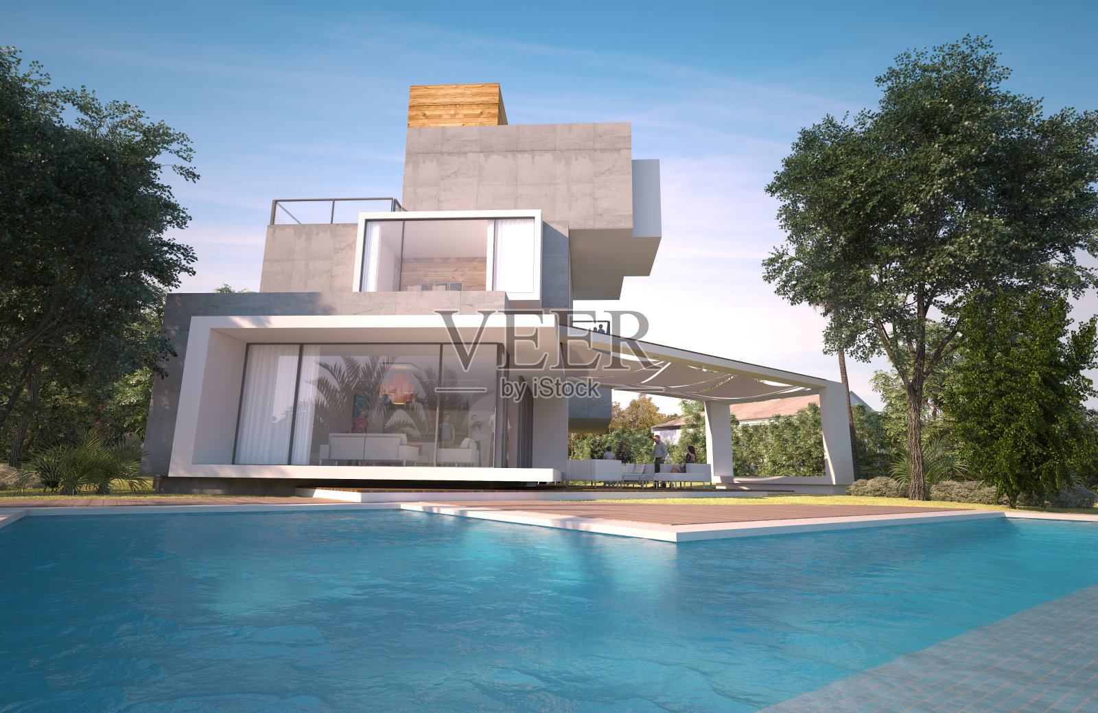 多层原有别墅，有游泳池和花园照片摄影图片