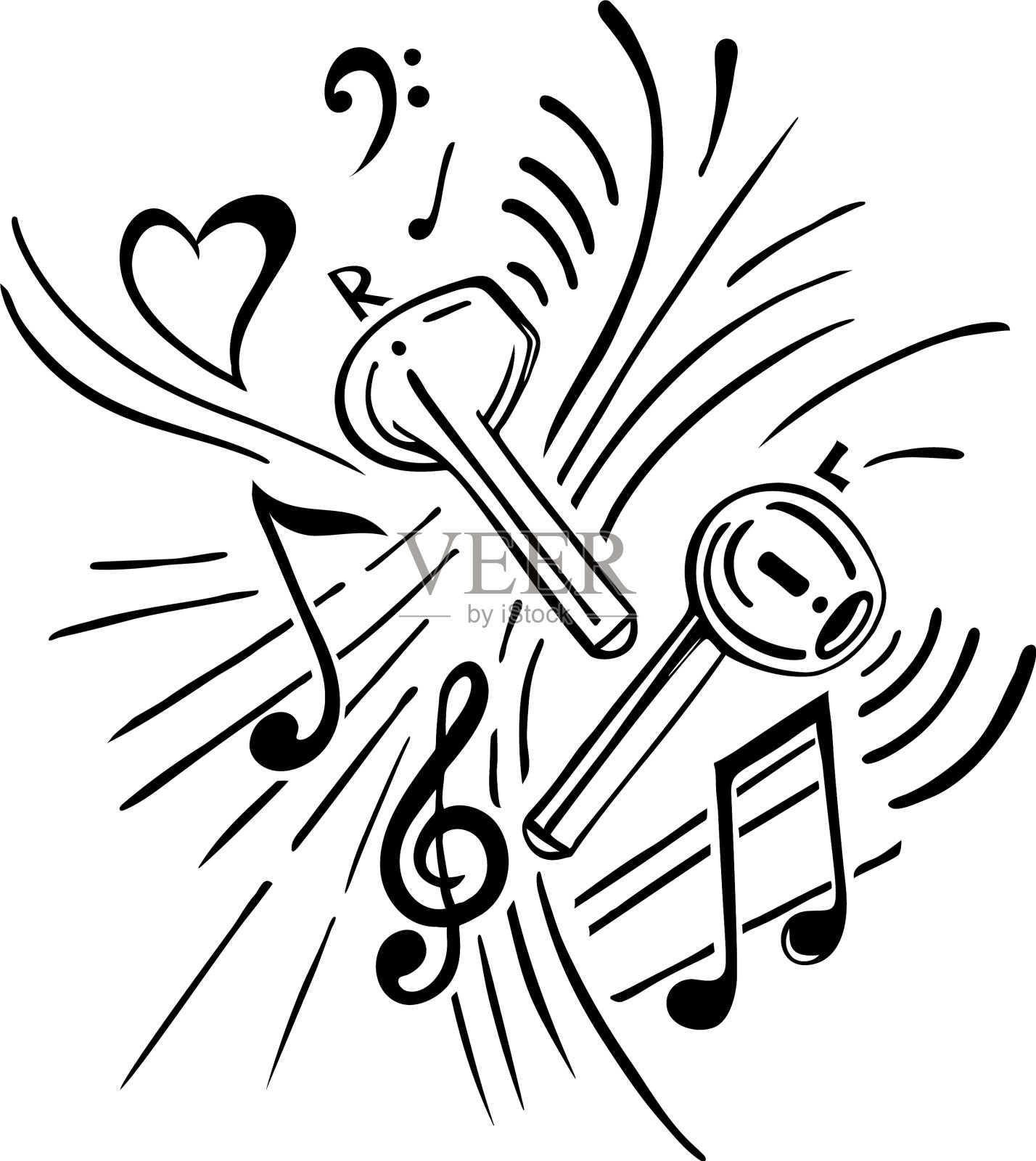 耳机和乐谱素描设计元素图片