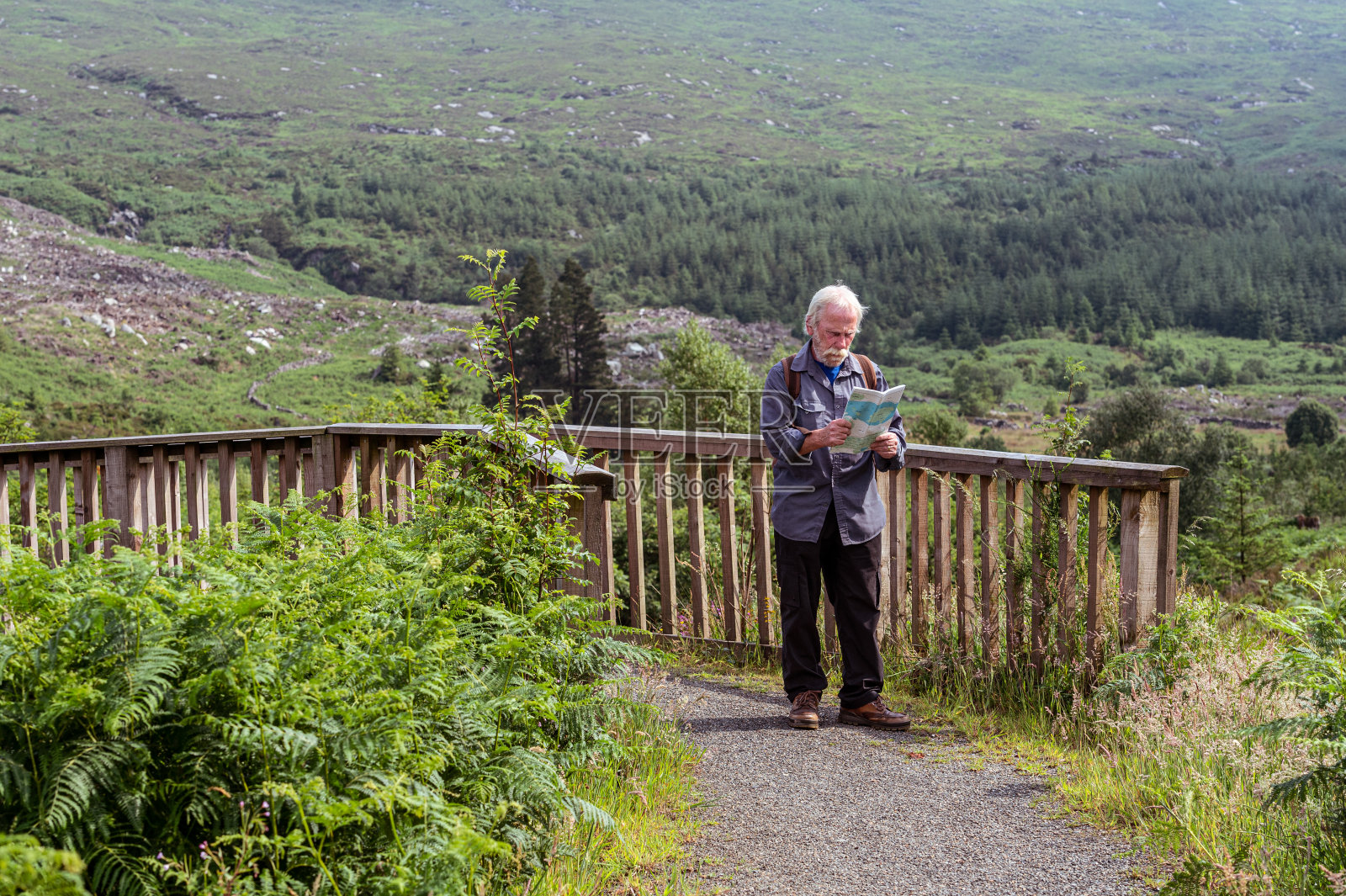 一位活跃的年长男人在苏格兰西南部邓弗里斯和盖洛威的乡村环境中站着看地图的正面视图照片摄影图片