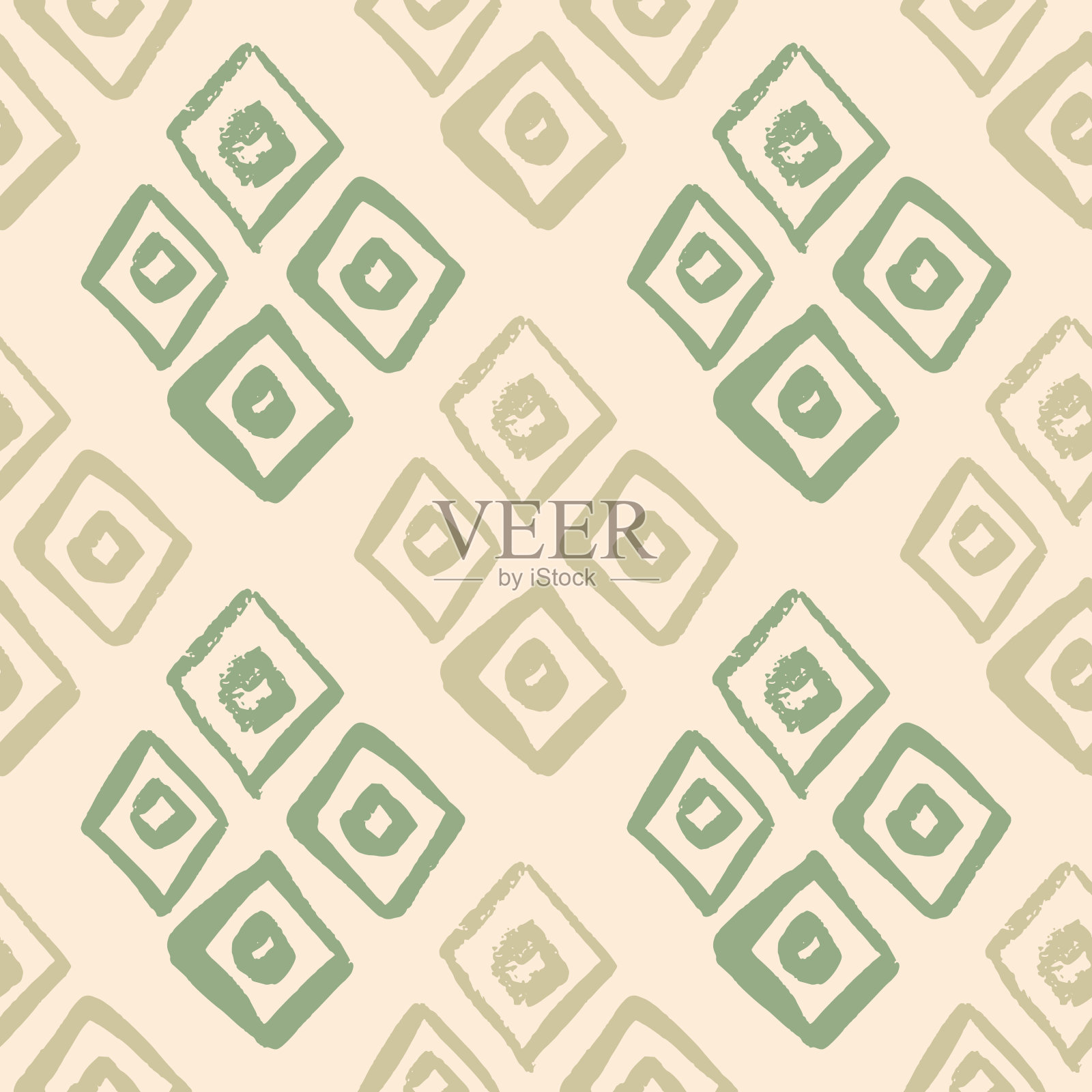 粉彩菱形元素无缝图案。明亮的背景与绿色和米色元素。插画图片素材