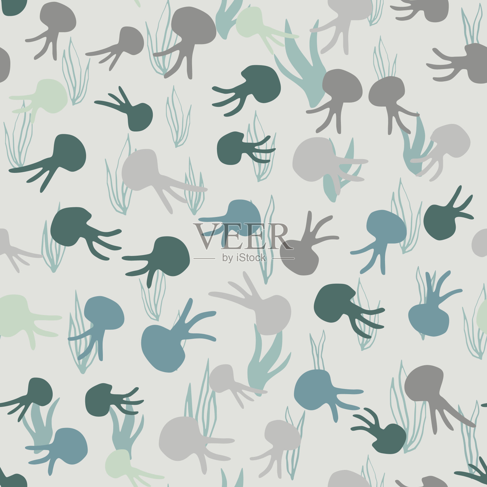 章鱼的轮廓是简单的无缝图案。色彩柔和的蓝色和米黄色调点缀在明亮的背景上。插画图片素材