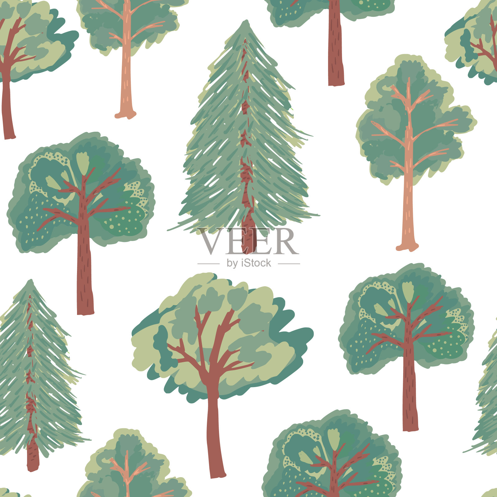 森林无缝模式与抽象的绿树剪影。孤立的植物印花与白色背景。插画图片素材