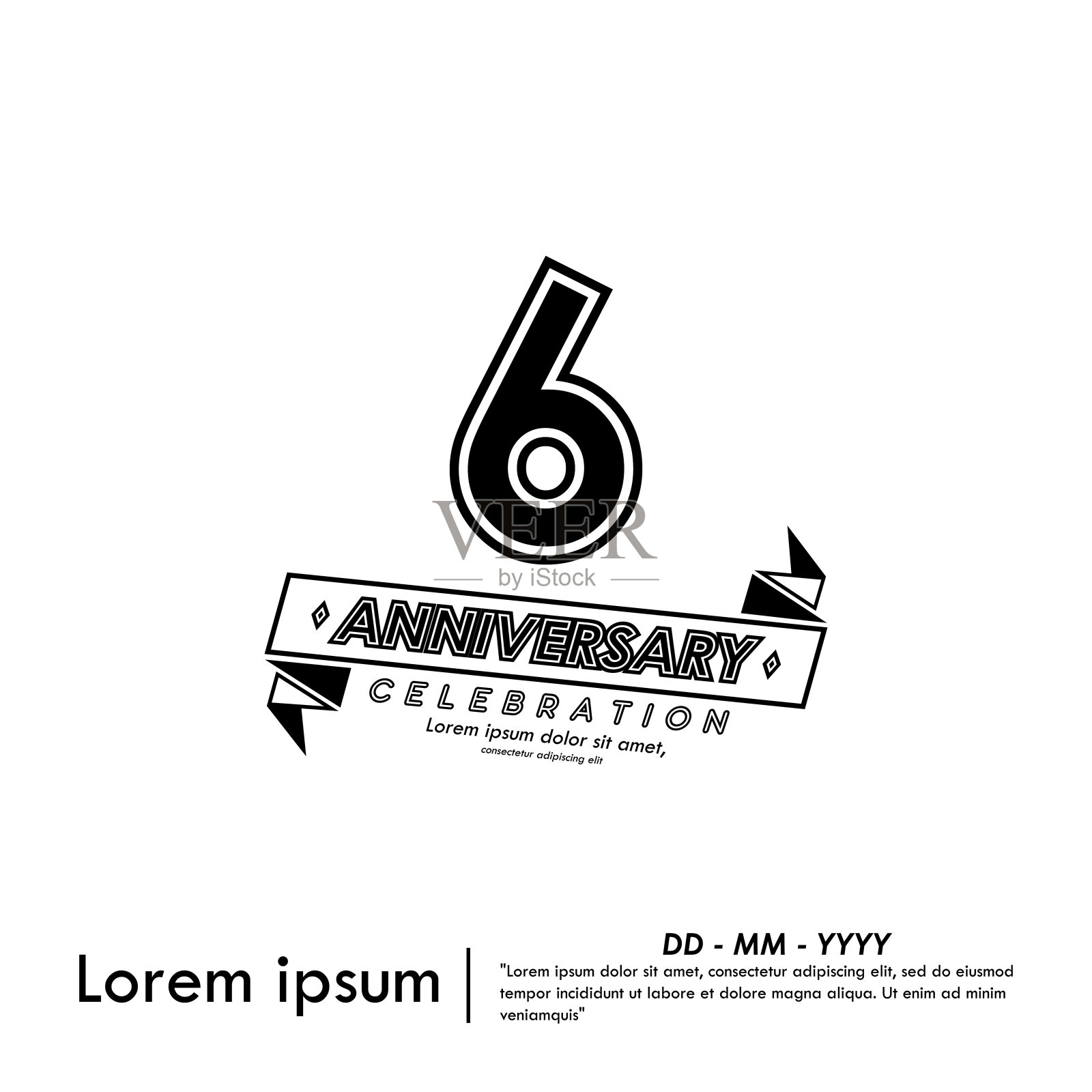 6周年庆典标志。周年纪念带黑白邮票隔离，矢量插图模板设计的网页，庆祝卡和邀请卡插画图片素材