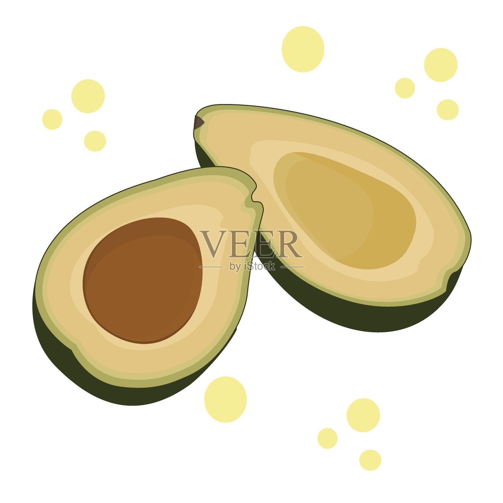 有和没有骨头的两半鳄梨被孤立在白色的背景上。矢量插图在一个简单的平面风格。异国水果的健康饮食。油梨在现实的颜色与飞溅插画图片素材