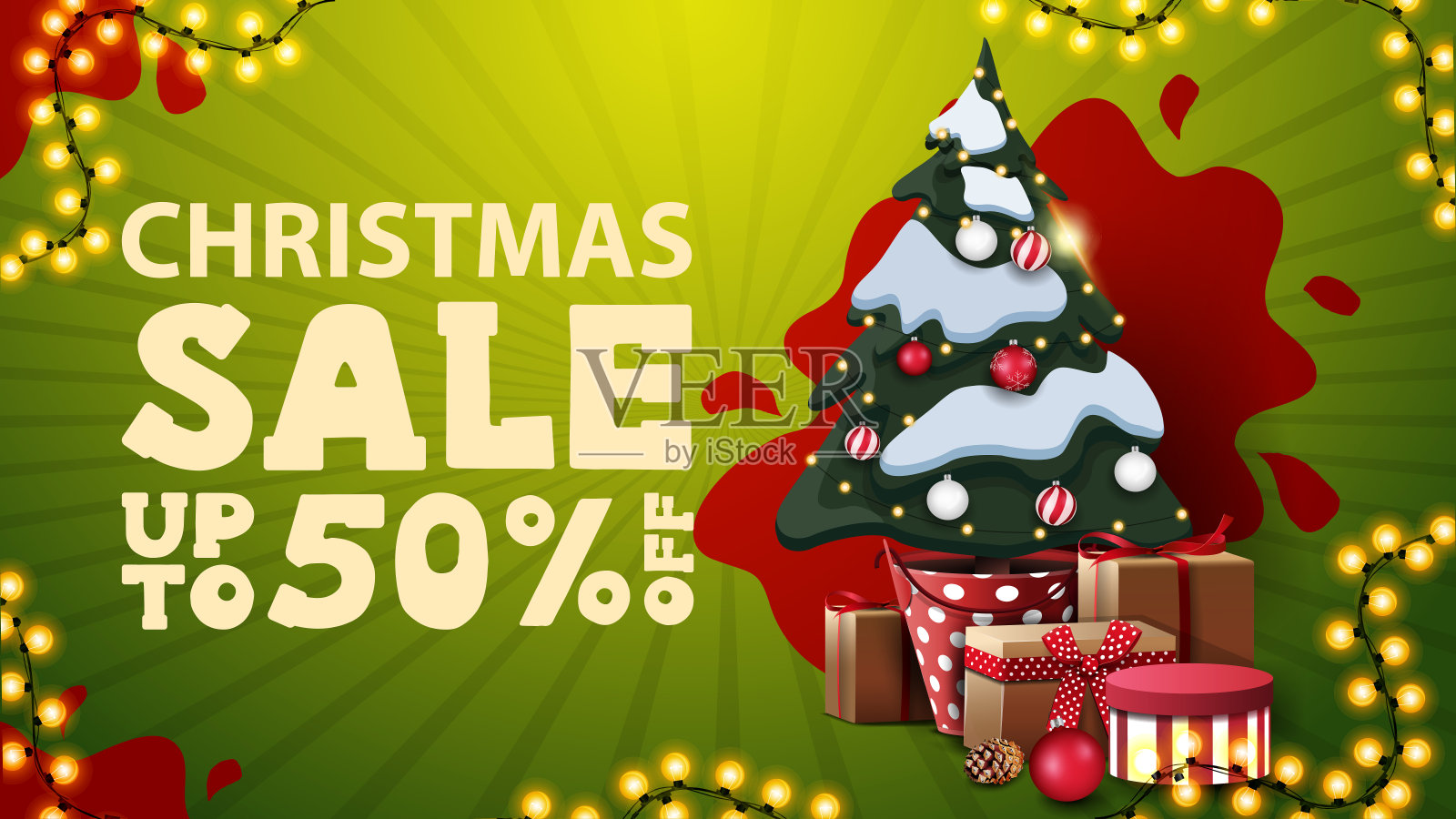 圣诞节销售，高达50%的折扣，绿色和红色的折扣横幅与花环和圣诞树在一个锅与礼物设计模板素材
