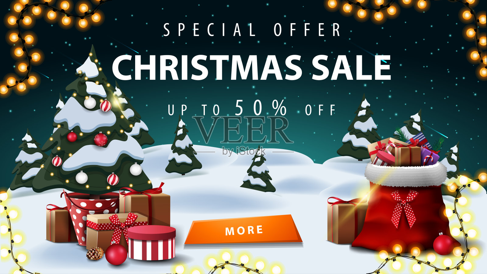 特别优惠，圣诞节销售，高达50%的折扣，折扣横幅与冬季景观。星空，花环，纽扣，花盆里装礼物的圣诞树和圣诞老人装礼物的袋子设计模板素材