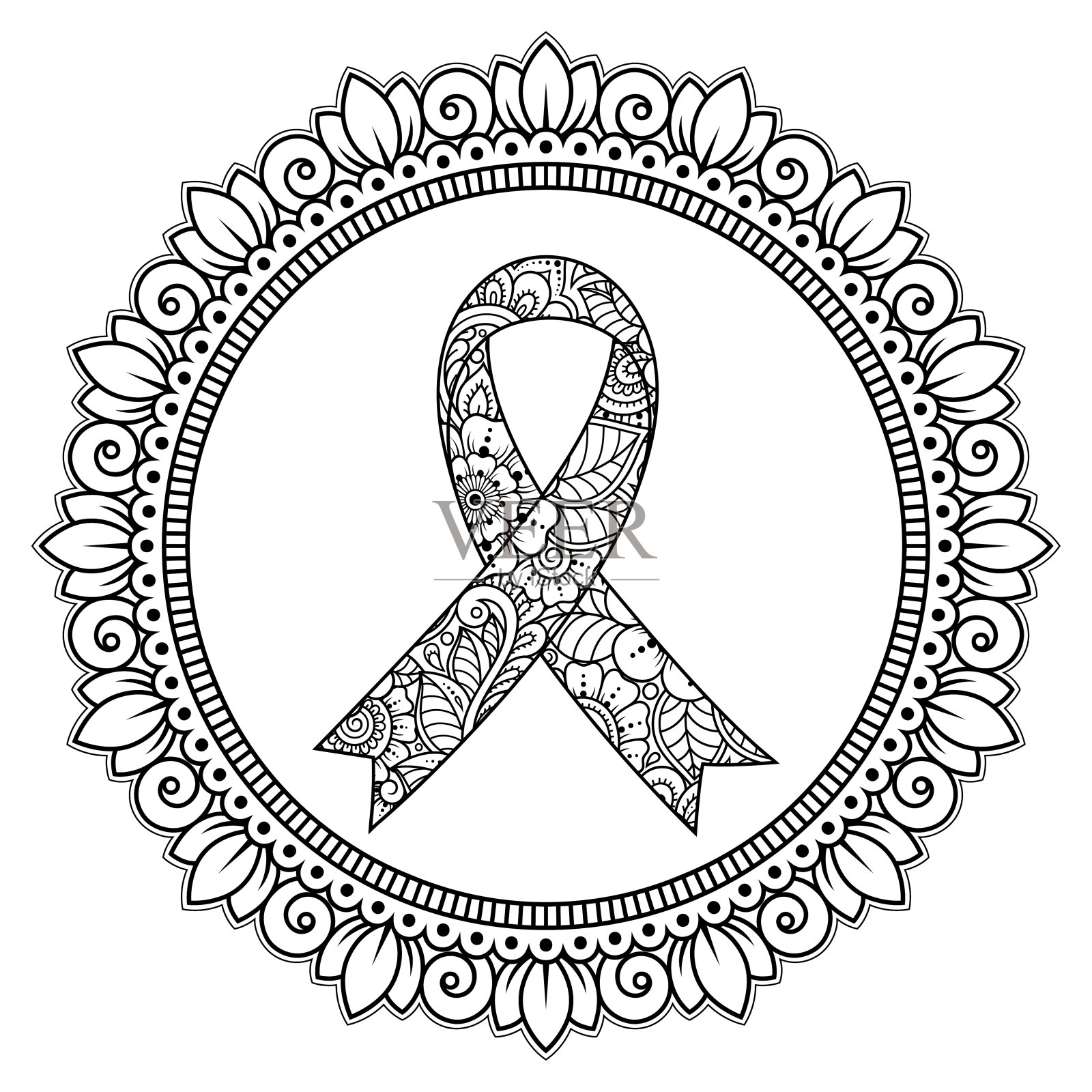 乳腺癌宣传月海报。圆形花卉图案与彩带符号在曼海迪风格。插画图片素材