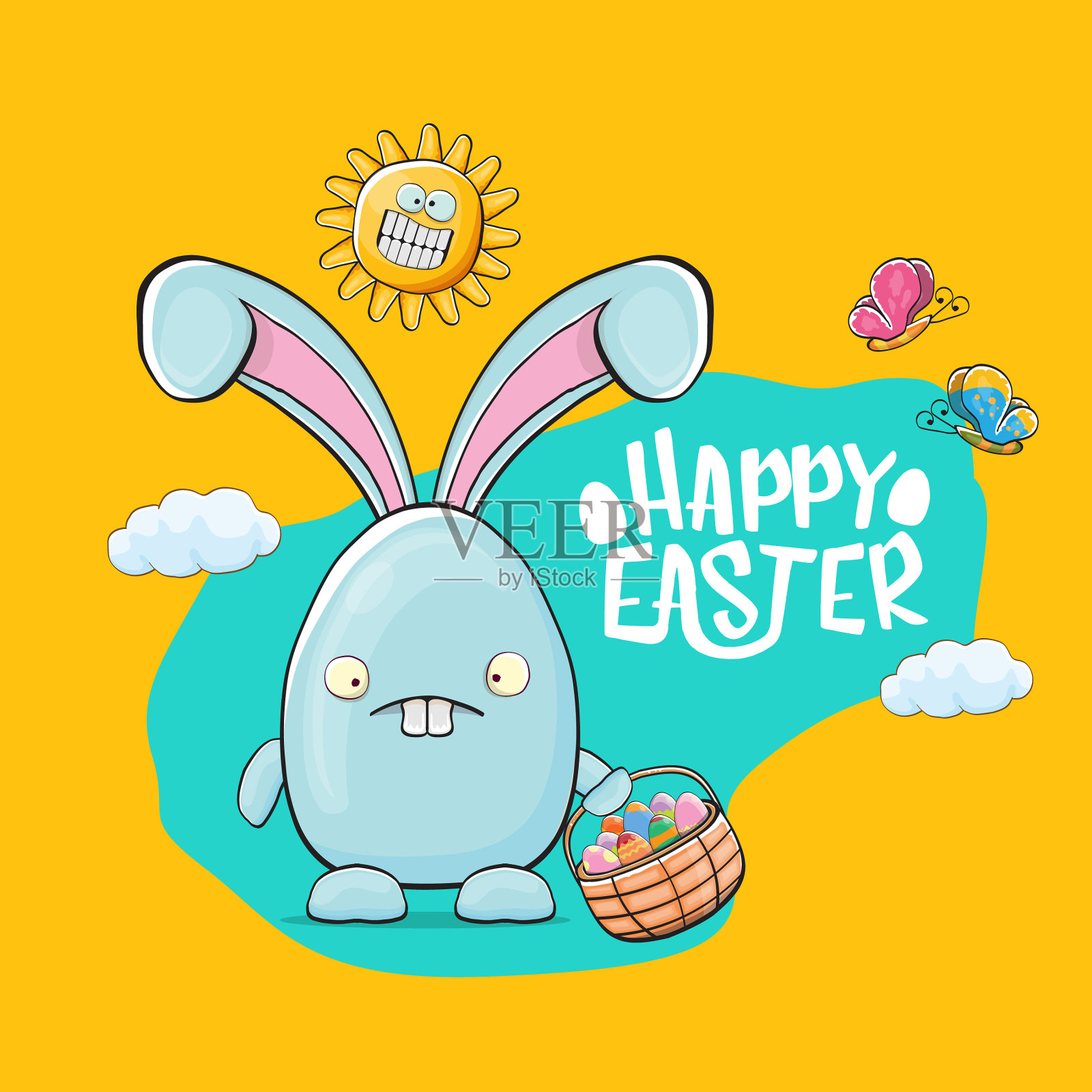 可爱的卡通蓝色复活节贺卡插画图片素材