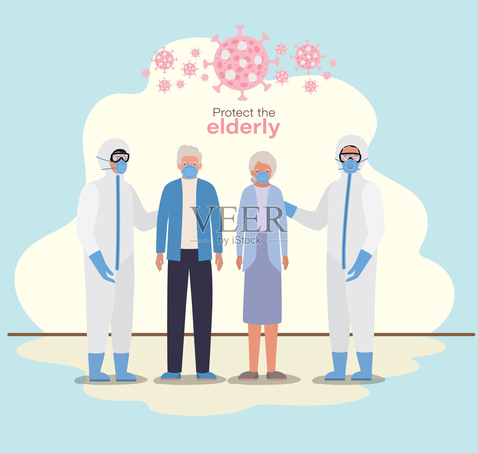 年长的女人和戴口罩的男人和医生插画图片素材