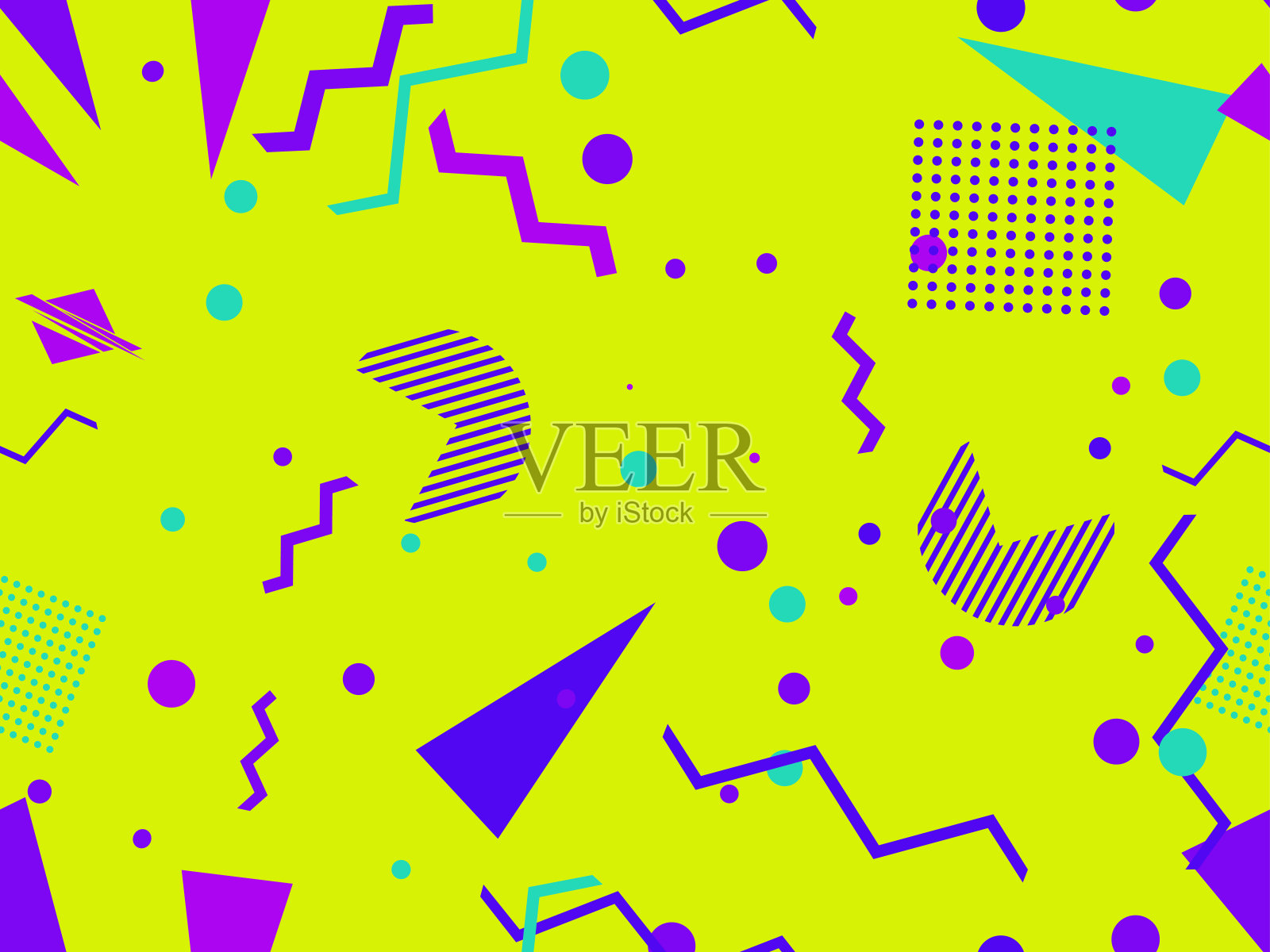 80年代风格的几何无缝图案。之字形，三角形，波普艺术风格的点。背景推广产品，包装纸和印刷。矢量图插画图片素材