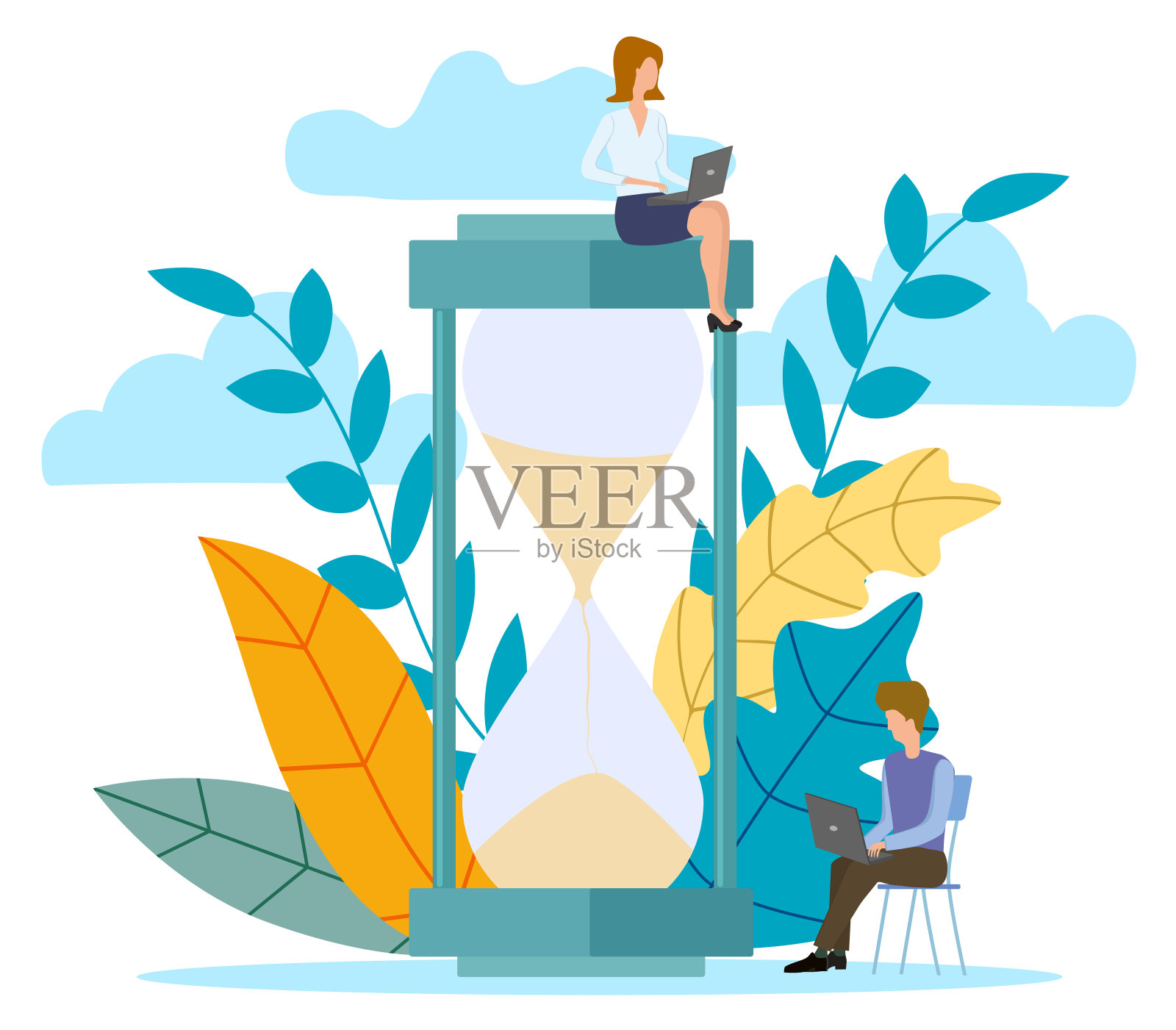 在沙漏的背景下，办公人员在笔记本电脑上工作插画图片素材