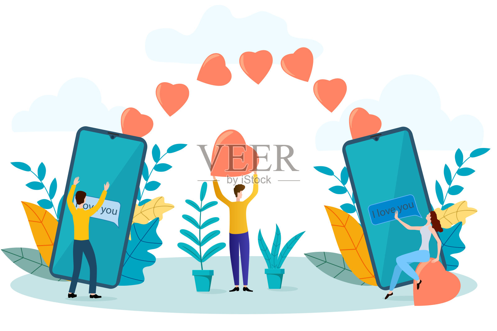 矢量插画：男女使用智能手机互发情人节祝福设计模板素材