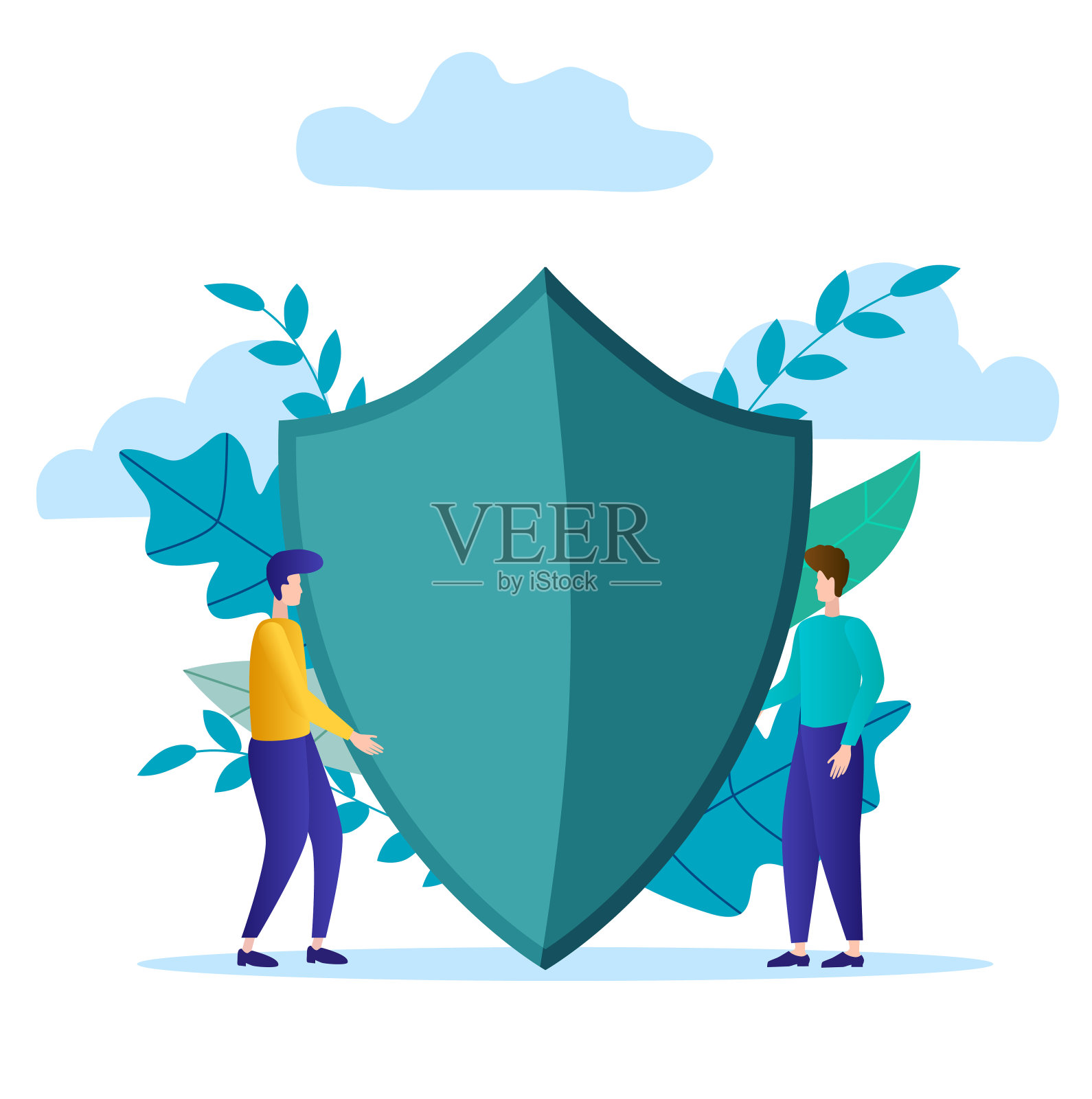 ПечатьTwo商人手持盾牌，象征着保护自己免受危险插画图片素材