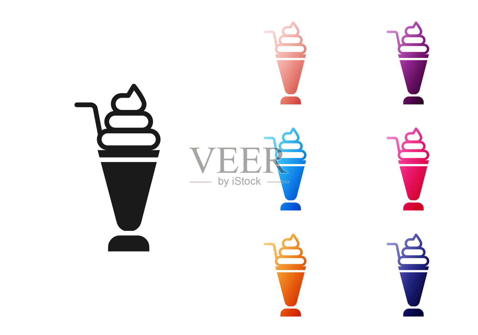 黑色奶昔图标孤立在白色背景。带盖子和吸管的塑料杯。设置彩色图标。向量插画图片素材