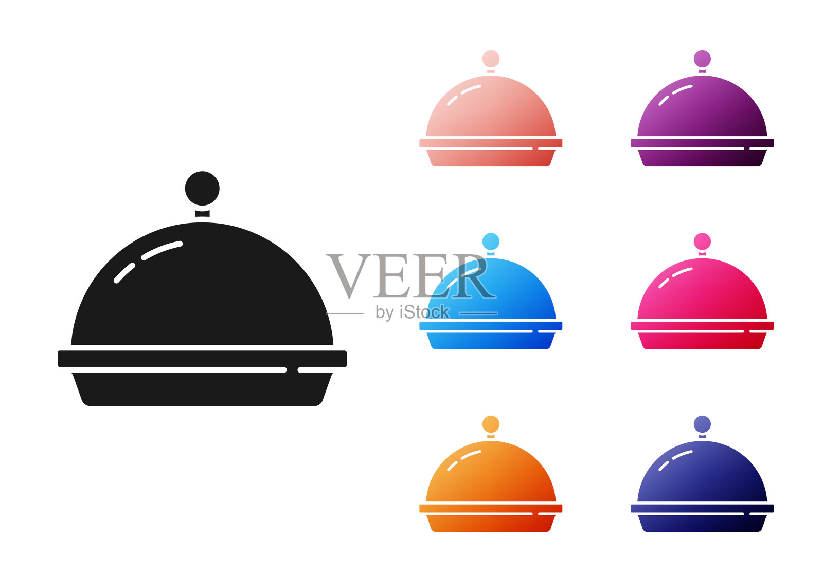 黑色覆盖一个托盘食物图标孤立在白色背景。托盘和盖子。带有盖子的餐厅钟摆。厨房用具的象征。设置图标丰富多彩。向量图标素材