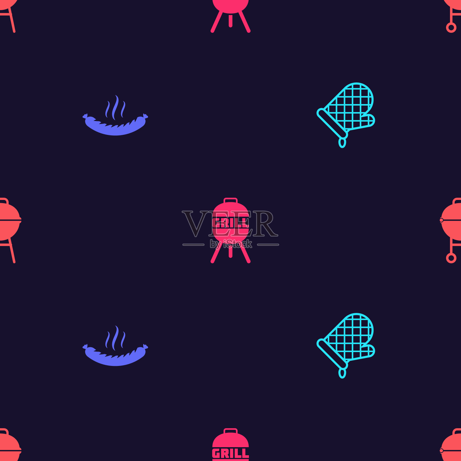设置烤箱手套，香肠，烧烤架和在无缝模式。向量插画图片素材