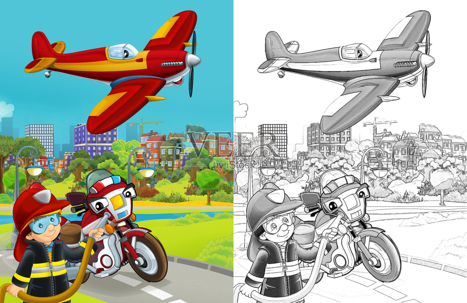 以道路上的消防车和消防员为例的卡通素描场景插画图片素材