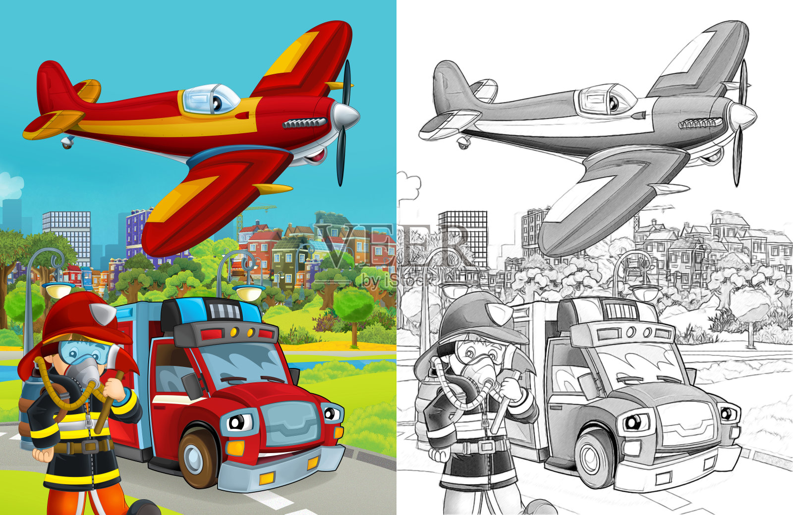 以道路上的消防车和消防员为例的卡通素描场景插画图片素材