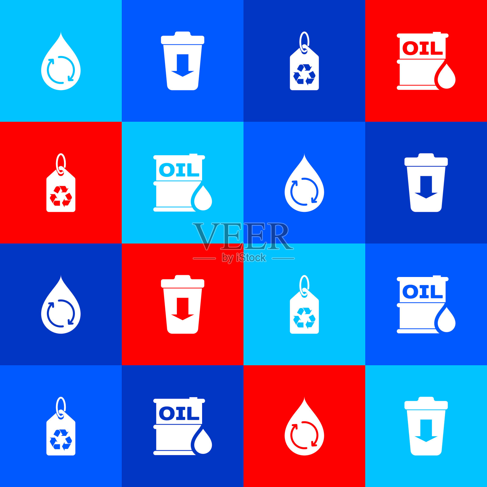 设置回收清洁水，发送到垃圾，标签与回收和油桶图标。向量插画图片素材