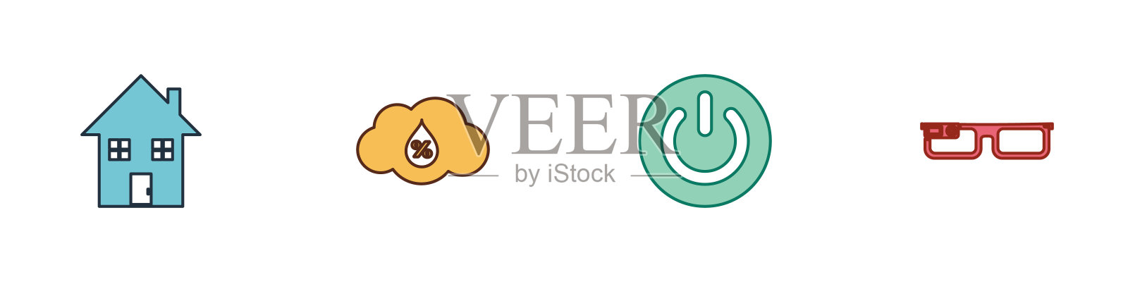 设置房子，湿度，电源按钮和智能眼镜图标。向量图标素材