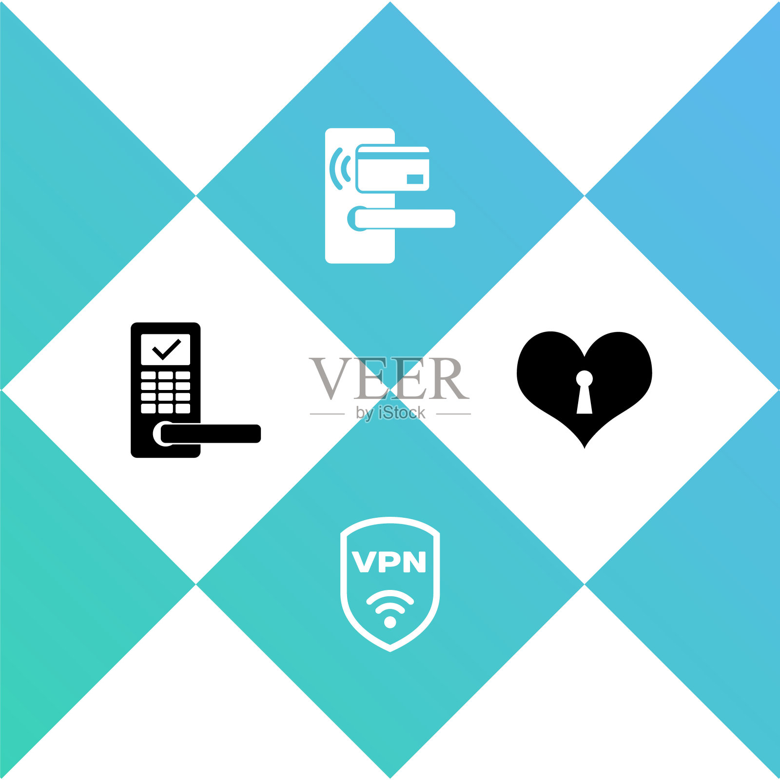 设置无线数字门锁，屏蔽VPN和心锁孔图标。向量图标素材