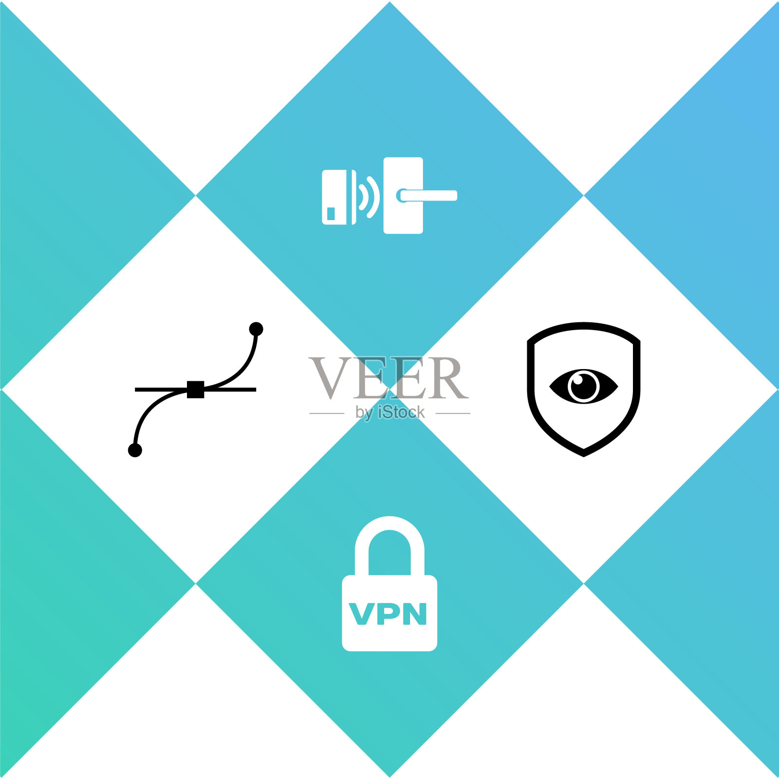 设置Bezier曲线，锁定VPN，数字门锁无线和盾和眼睛图标。向量图标素材