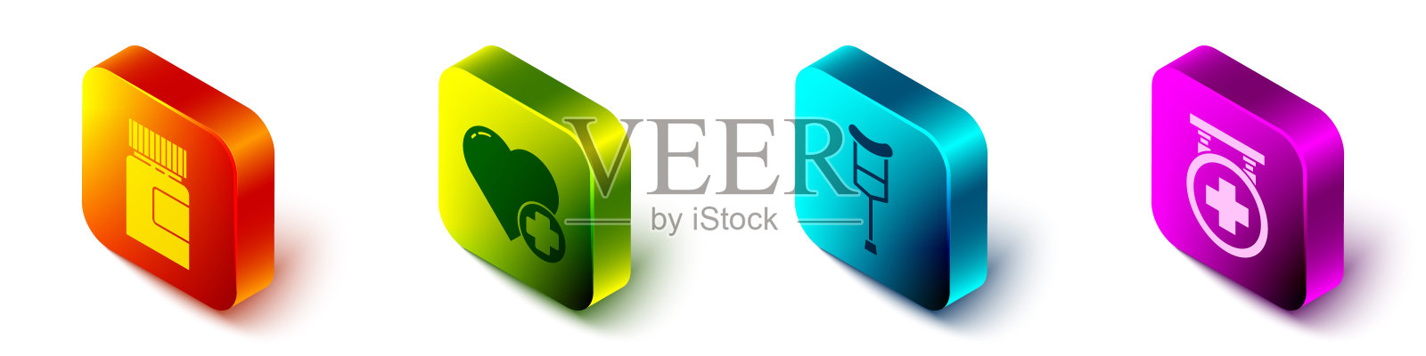 设置等距药瓶，心脏与十字架，拐杖或拐杖和医院招牌图标。向量图标素材