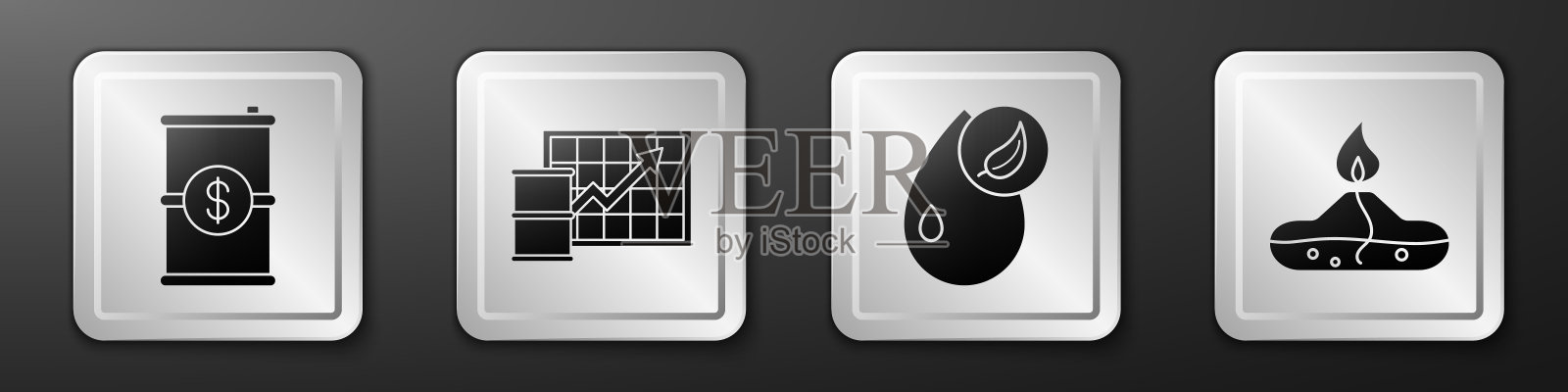 设定桶油与美元，石油价格上涨，生物燃料和酒精或酒精燃烧器图标。银广场按钮。向量图标素材