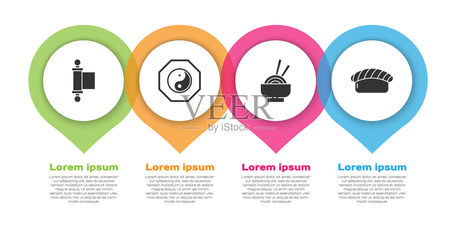 集法令，纸，羊皮纸，卷轴，阴阳，亚洲面条在碗和寿司。业务信息模板。向量设计模板素材