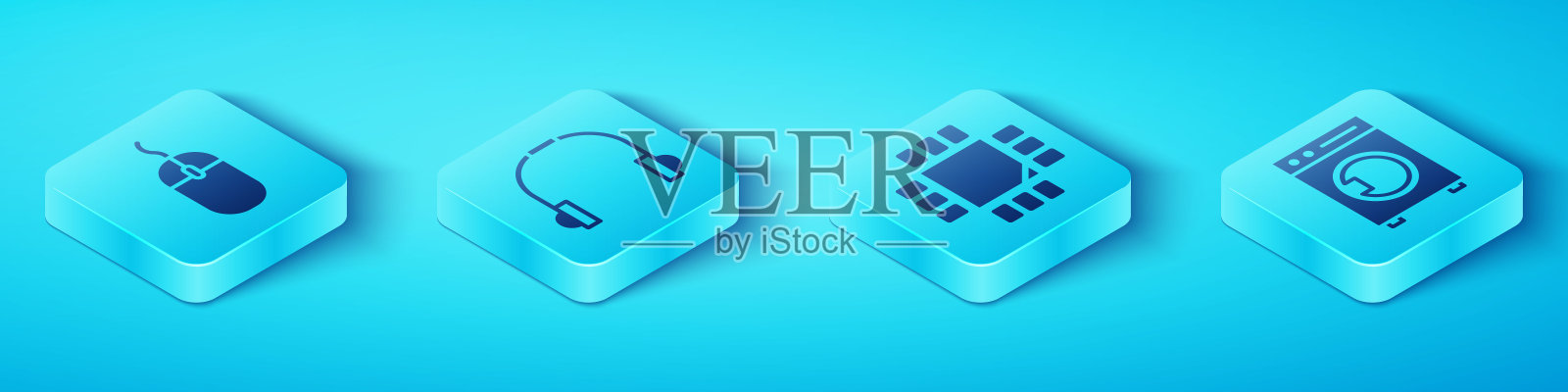 设置等距鼠标、耳机、垫圈和带有微电路CPU图标的处理器。向量插画图片素材