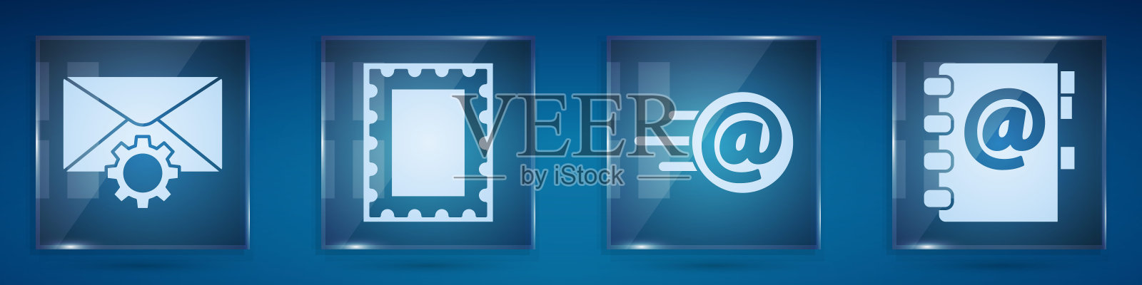 设置信封设置，邮政邮票，邮件和电子邮件和通讯录。方形玻璃面板。向量图标素材