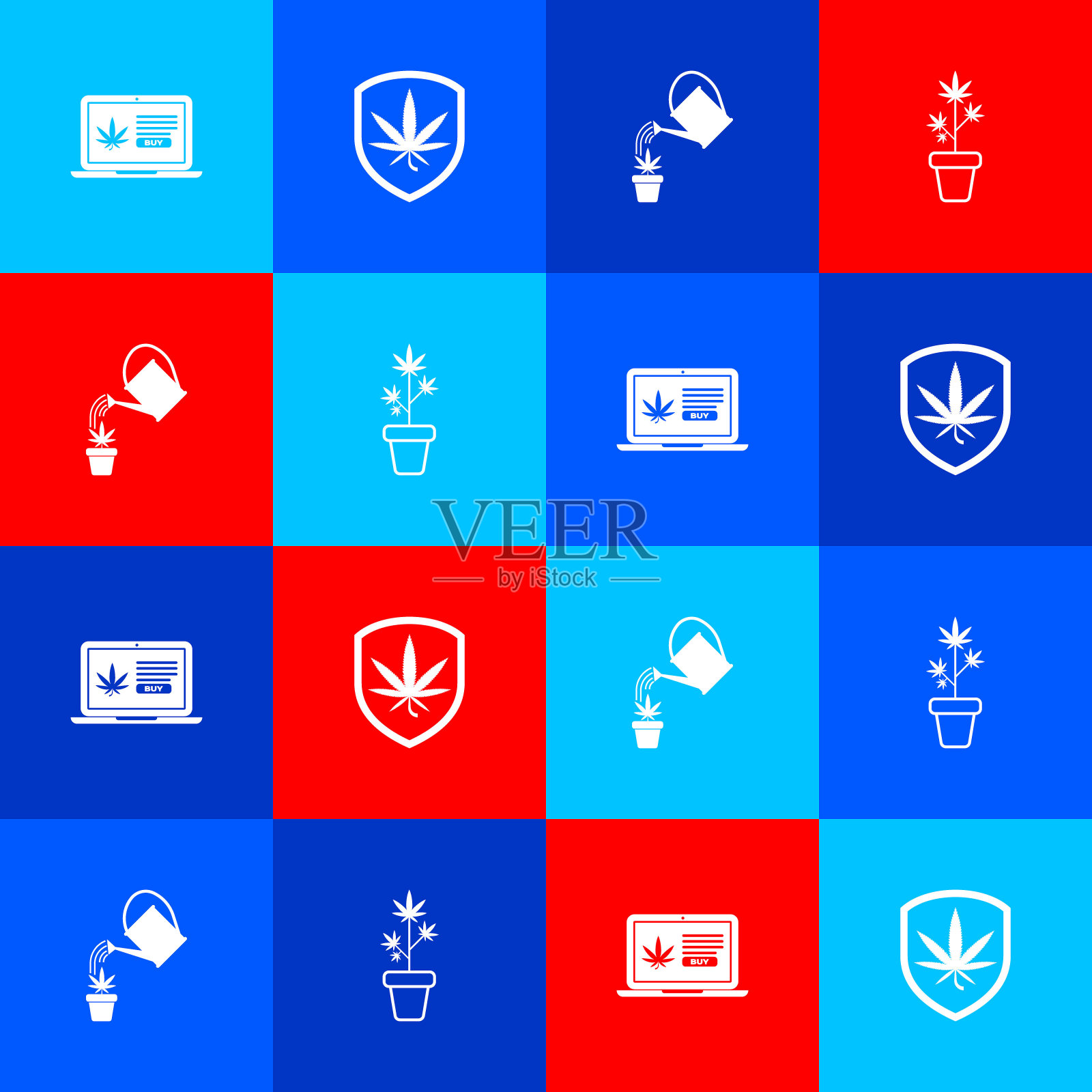 设置在线购买大麻，盾牌，喷壶和大麻植物花盆图标。向量插画图片素材
