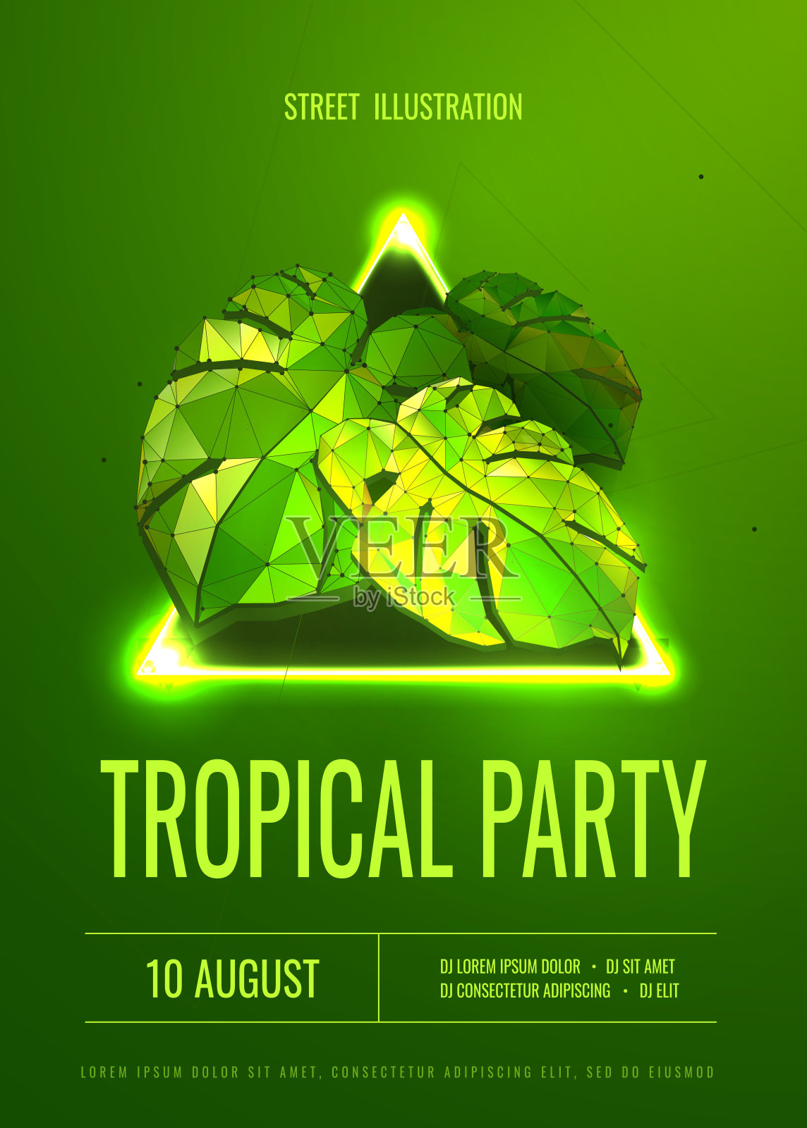 热带叶子上的旗帜迪斯科俱乐部矢量插图上的紫色背景。海报的DJ或夜总会与霓虹灯框架下的照片插画图片素材