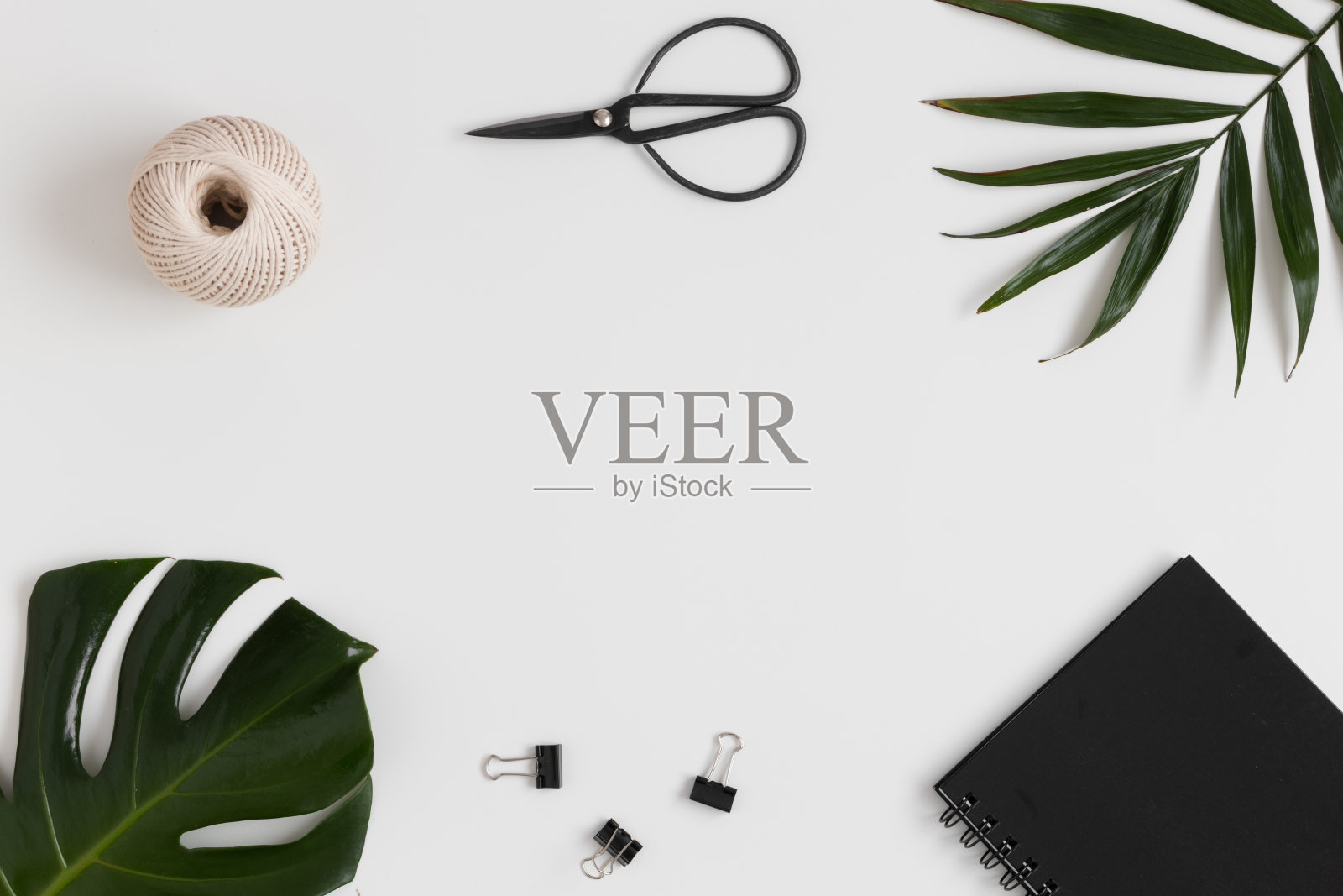 白色桌子上放着办公用品和热带树叶。平铺与空白拷贝空间。照片摄影图片