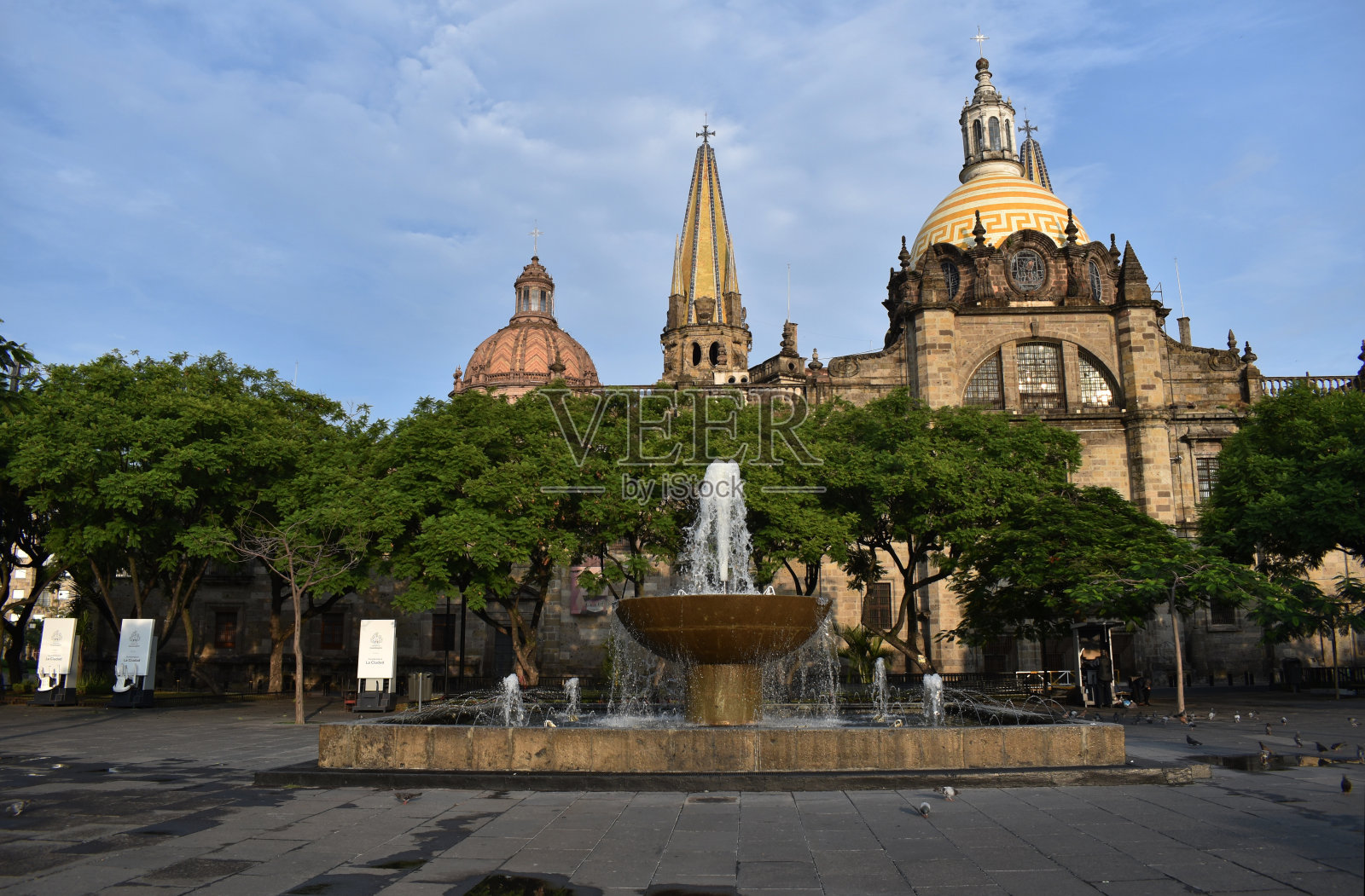 瓜达拉哈拉的大教堂和解放广场的喷泉，墨西哥照片摄影图片