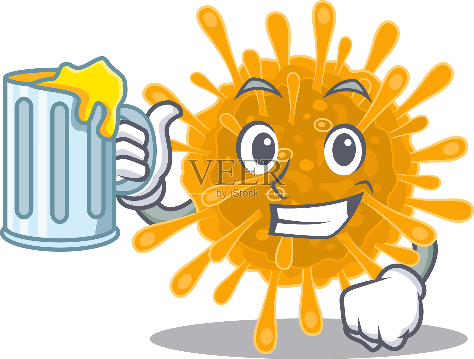 兴高采烈的冠状病毒吉祥物和一杯啤酒设计元素图片