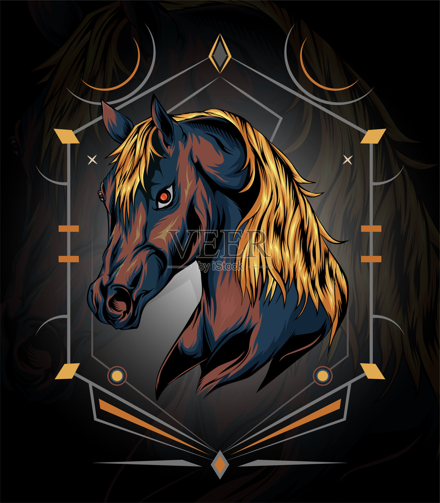 马的设计说明。马的标志为t恤印花插画图片素材