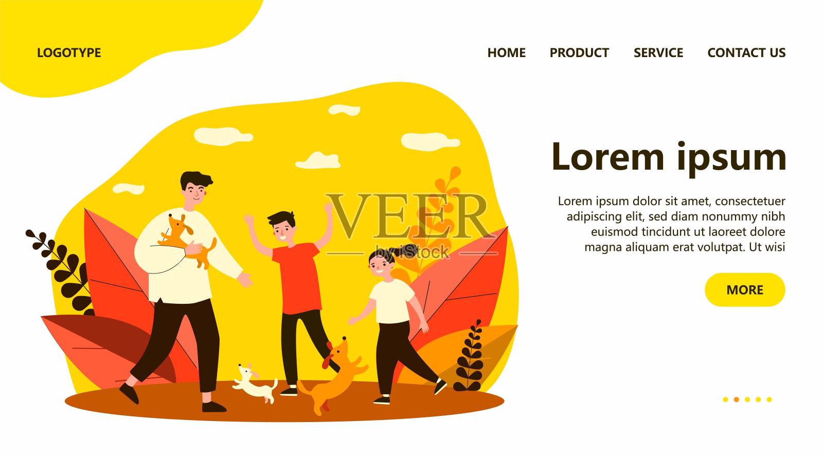 快乐的孩子们在外面和小狗玩耍插画图片素材