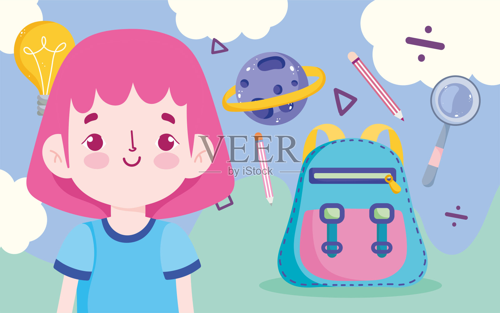 回到学校，学生女孩背包铅笔尺子班初等教育卡通插画图片素材