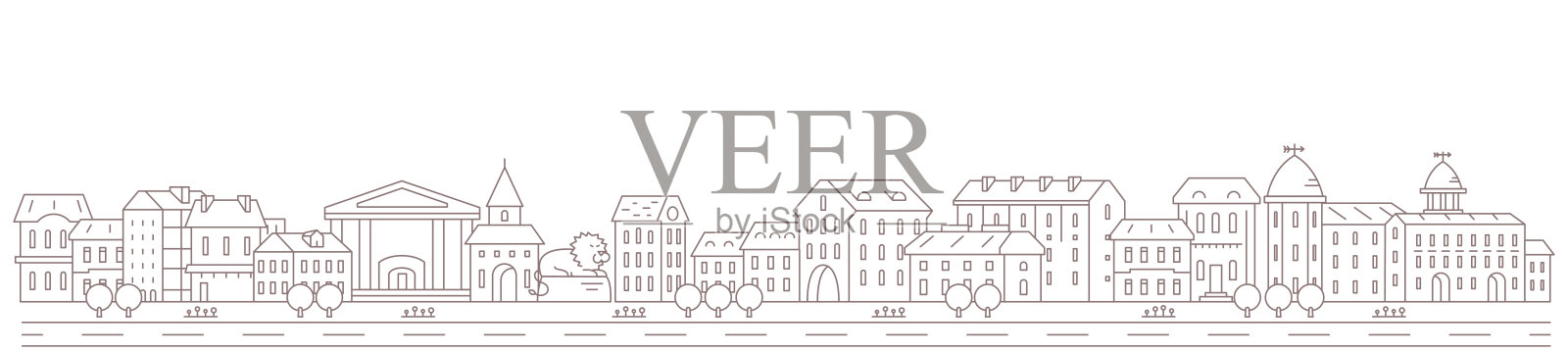 城市城市全景。市中心的街道和道路。长水平旗帜。副本的空间。矢量等高线轮廓插图。插画图片素材