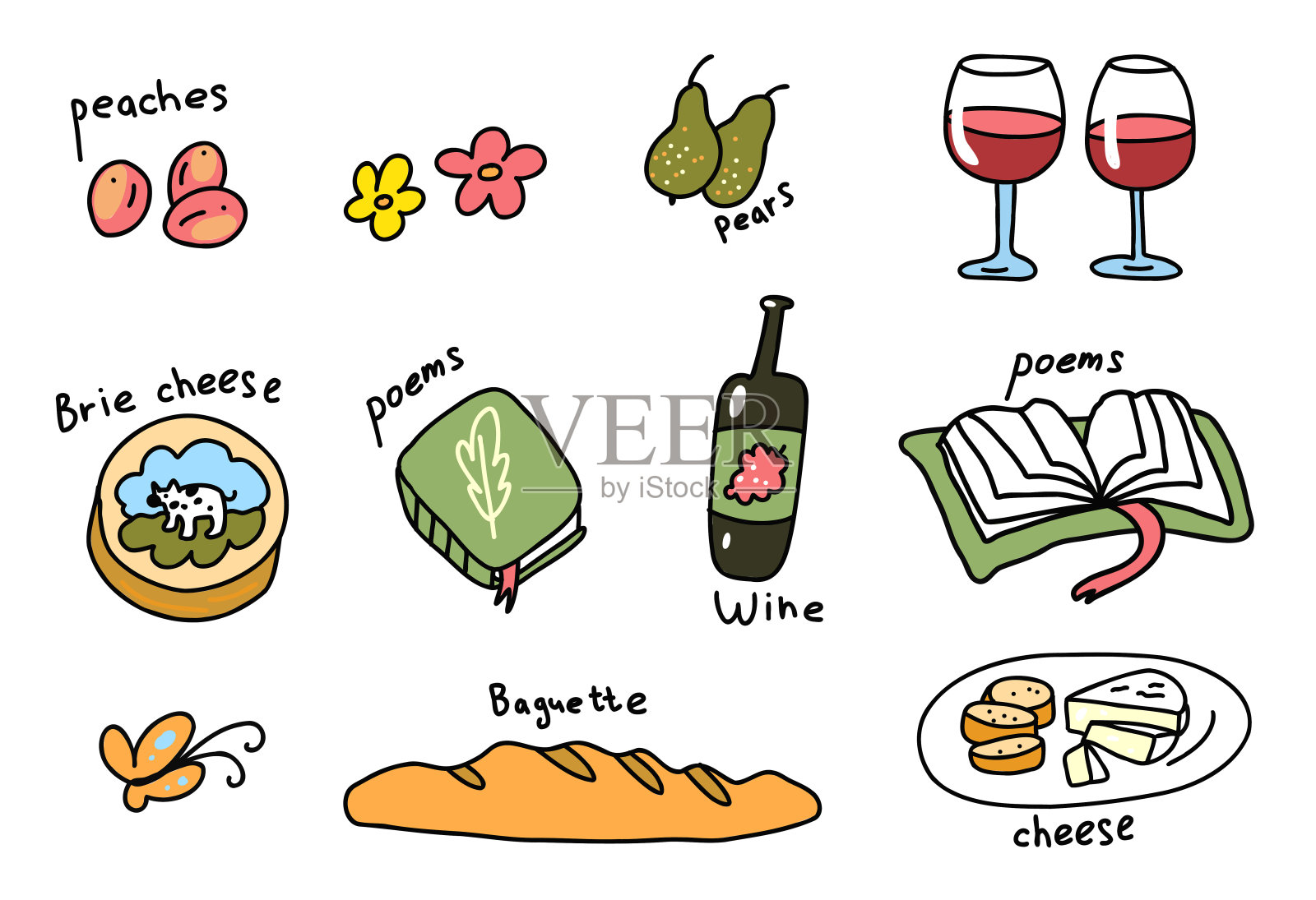 野餐的图标集。手绘草图。浪漫晚餐。向量卡通插图。插画图片素材