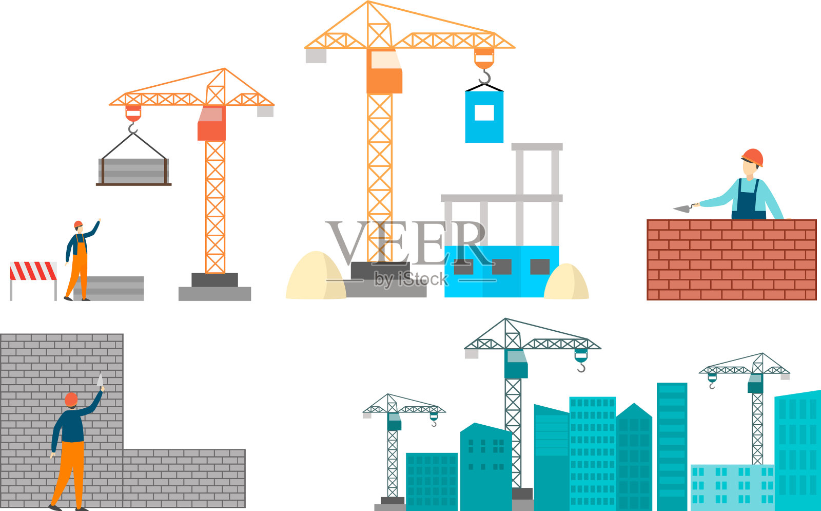 设置孤立的手绘建筑商和插画图片素材