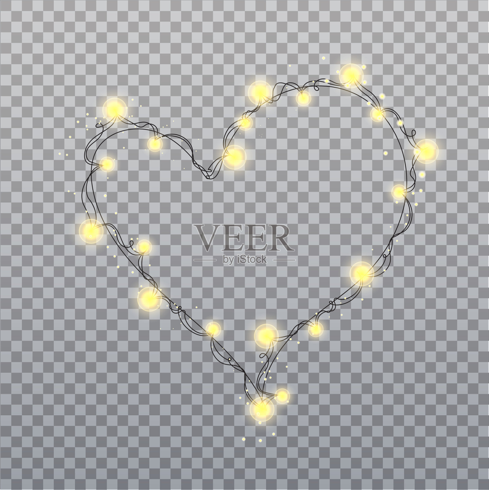 心金花环灯泡孤立在透明的背景。圣诞灯。发光的金色花环为圣诞节贺卡，横幅，海报，网页设计。矢量插图。插画图片素材