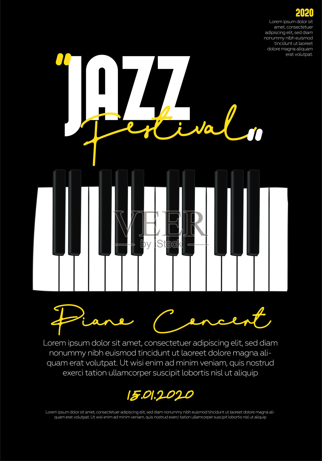 音乐节设计模板。向量钢琴和文本在黑色背景设计模板素材