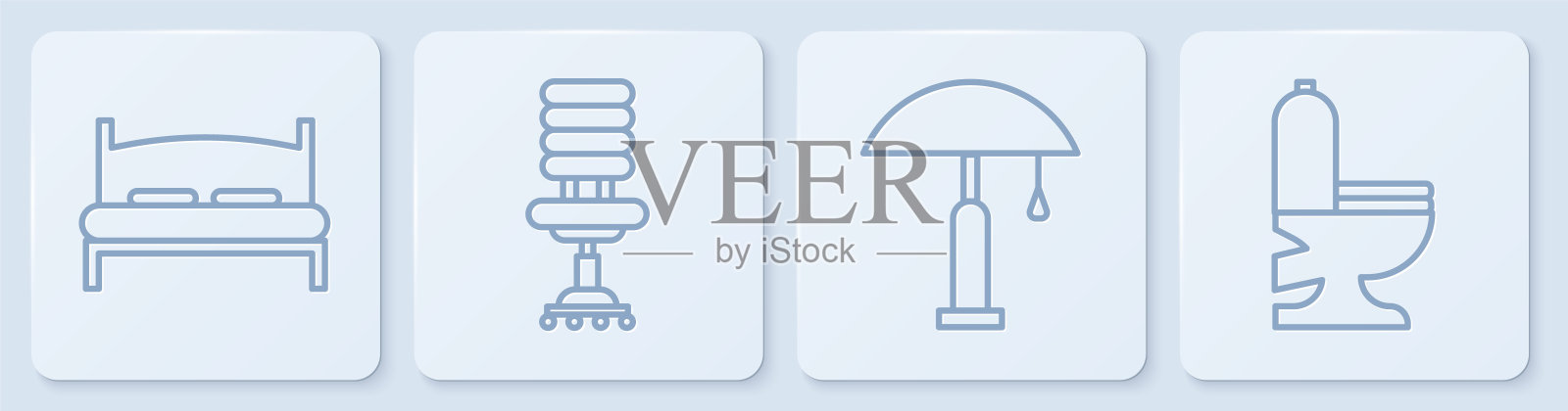 大床，台灯，办公椅，抽水马桶。白色方形按钮。向量插画图片素材