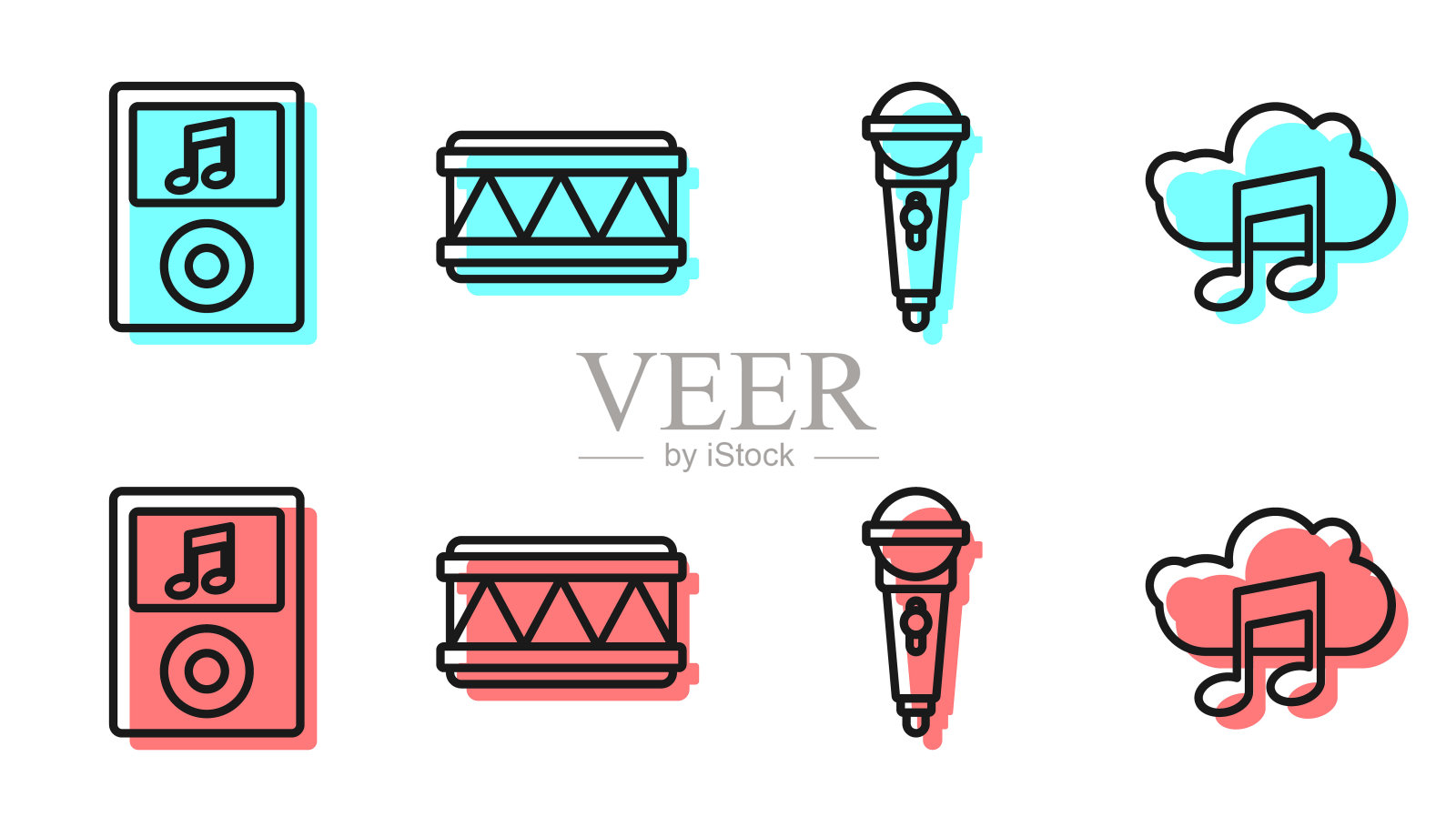 设置线麦克风，音乐播放器，鼓和音乐流媒体服务图标。向量插画图片素材