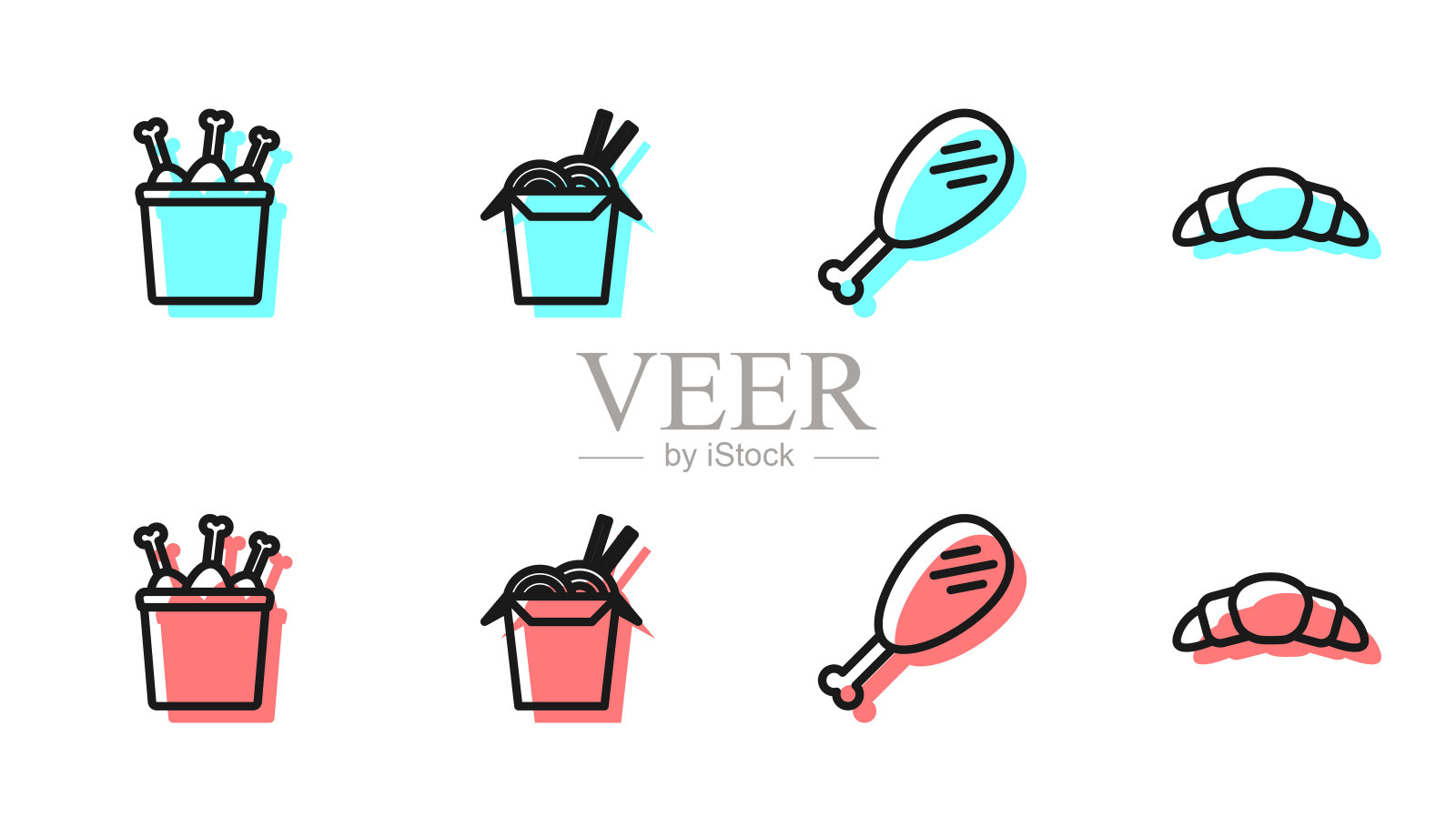 套装鸡腿，在包装盒，亚洲面条和筷子和牛角包图标。向量插画图片素材