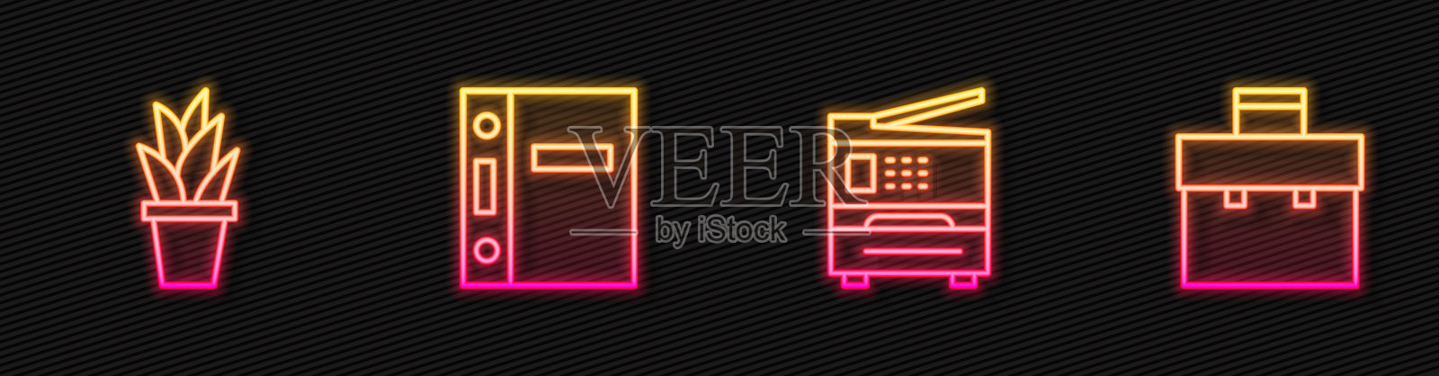 设置行打印机，花盆，办公文件夹和公文包。发光的霓虹灯图标。向量设计模板素材