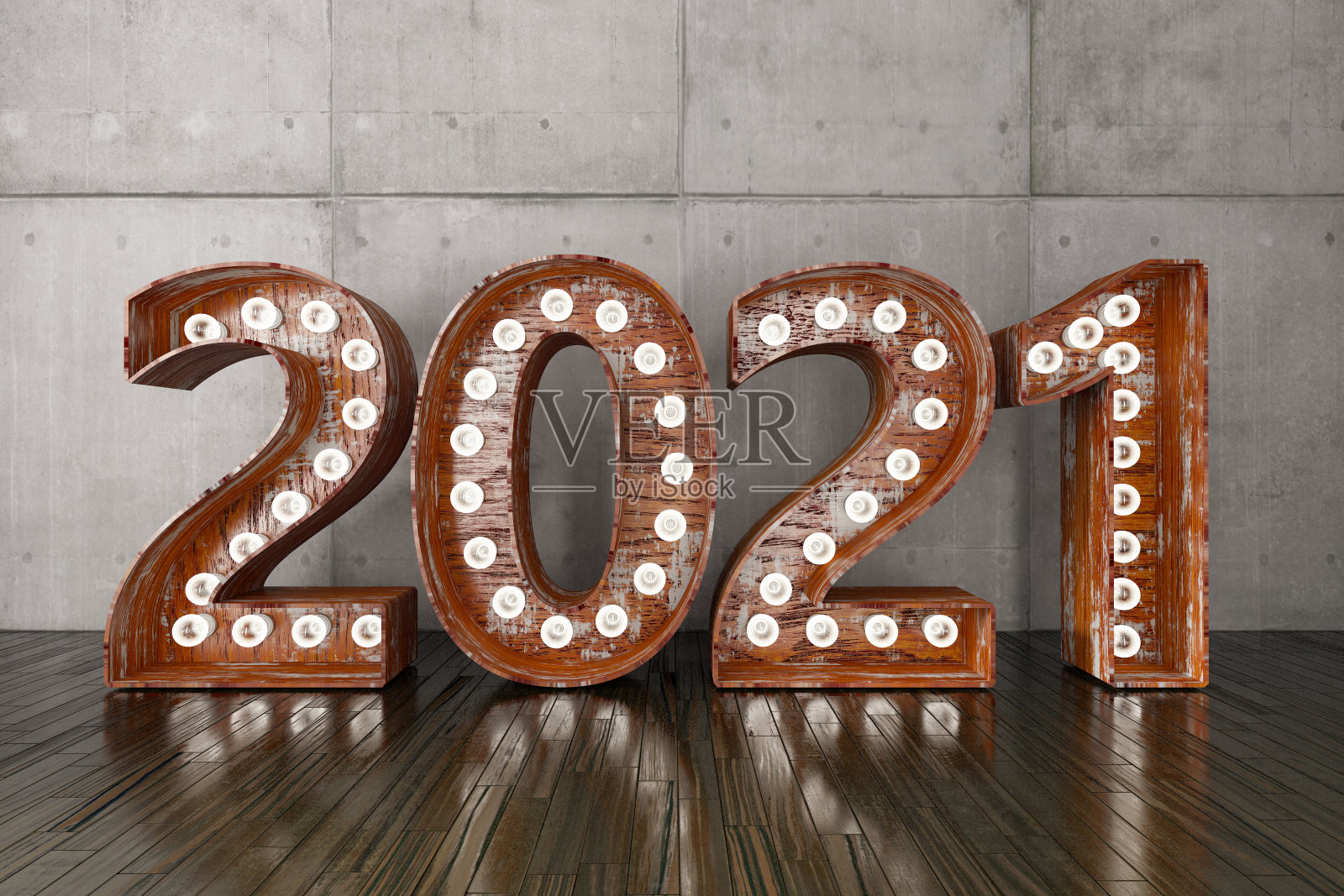 水泥墙上挂着2021个灯泡标识照片摄影图片